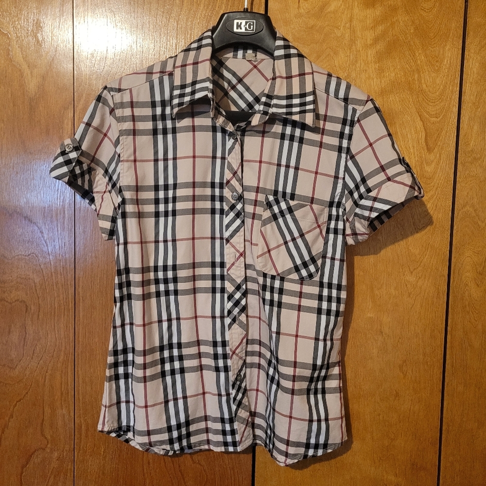 Burberry Beige, Black & Red Plaid Short Sleeve Button Down Shirt - Picture 4 of 15